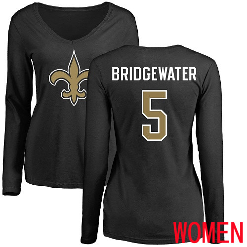 New Orleans Saints Black Women Teddy Bridgewater Name and Number Logo Slim Fit NFL Football #5 Long Sleeve T Shirt->women nfl jersey->Women Jersey